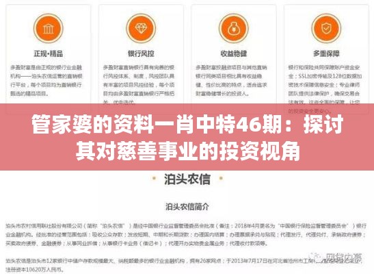 管家婆的资料一肖中特46期：探讨其对慈善事业的投资视角